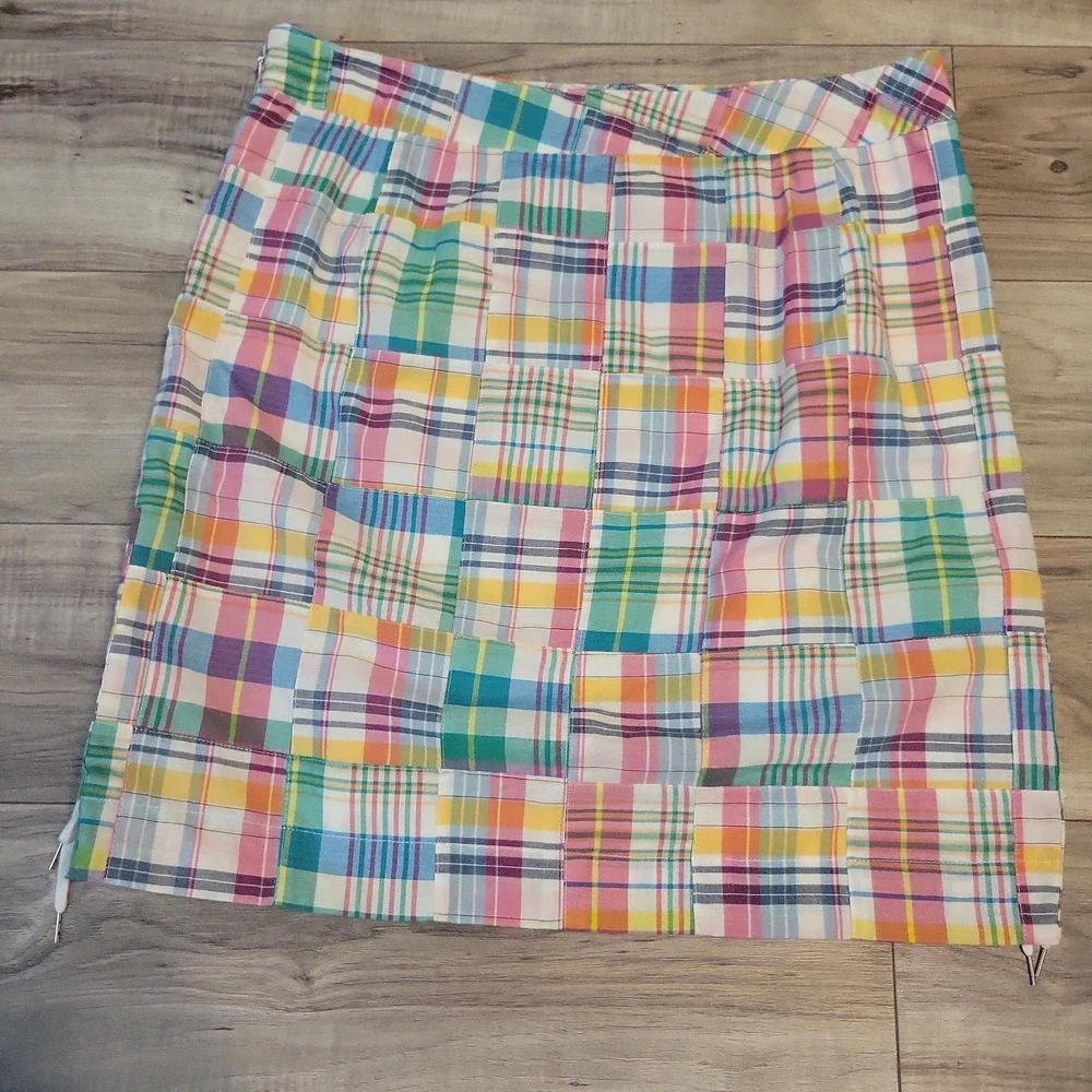 Talbots Sz 10P Madras Plaid Patchwork Cotton Lined Skirt Lace-Up Side Slit